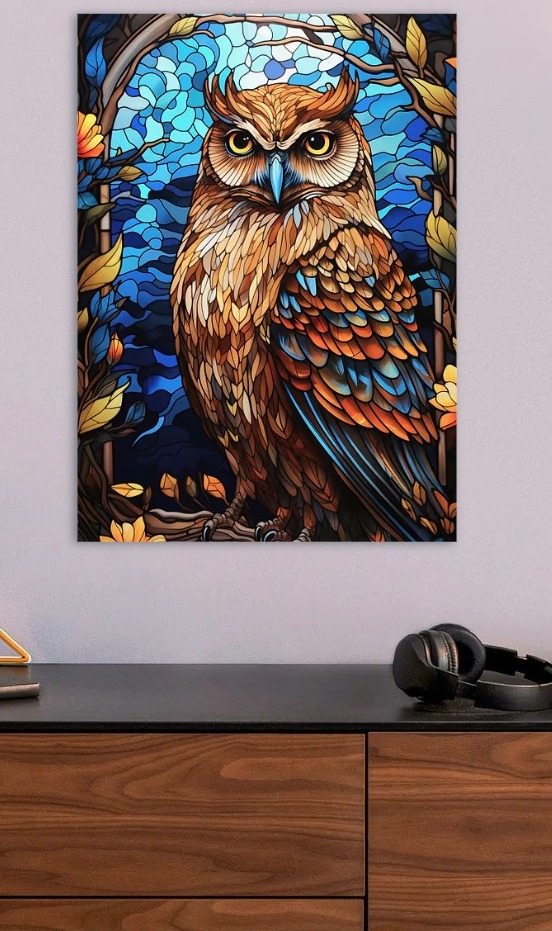 Stained Glass Owl Portrait — metal poster wall art by Lineer